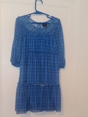girl 6 blue dress sheer 3/4 sleeve